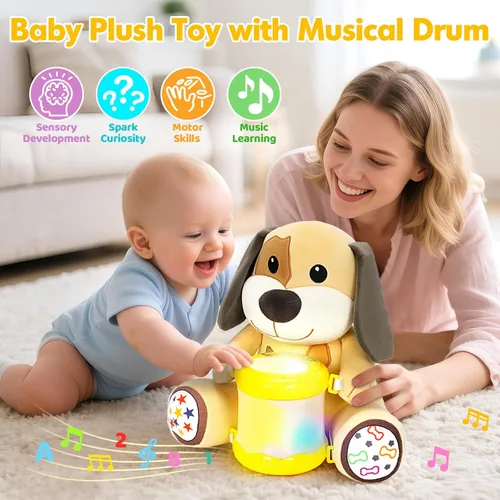 Miniatura 2 de V-Opitos Juguetes de Perro de Peluche Musicales para Bebés de 6-12 Meses+, Juego de Música Iluminada de Tambor de Aprendizaje Temprano, Regalos