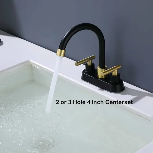 Miniatura 2 de Grifo de baño negro y dorado, 2 manijas de 4 pulgadas con drenaje desplegable, moderno fregadero de tocador de caravana de 2 o 3 agujeros de montaje