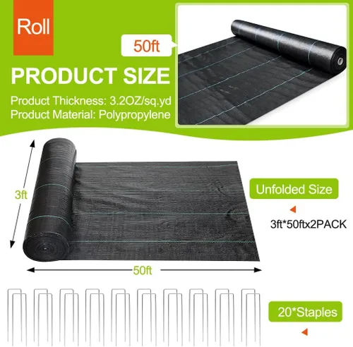 Miniatura 7 de 3ft x 50ft Weed Barrier Fabric Roll, 3.2oz Heavy Duty Woven Geotextile Ground Cover, Breathable Weed Block Cloth for Garden Beds, Vegetable Garden