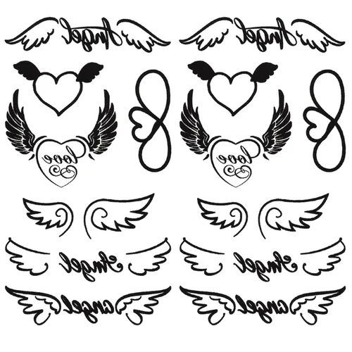 Miniatura 3 de Juego de 2 calcomanías de tatuaje temporal pequeñas, diseño de alas de corazón de ángel para mano, cuello, cara, muñeca, dedo, impermeable, falso