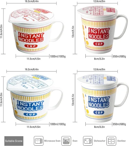 Miniatura 2 de Cuenco de fideos instantáneos de cerámica con tapa, taza creativa para sopa de ramen, cuenco para almuerzo para estudiantes (color azul, tamaño: S)