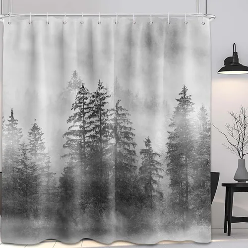 Miniatura 19 de Cortina de ducha estrecha para hombre, diseño de bosque negro y gris, para casa rodante, juego de decoración de baño, tela impermeable con ganchos