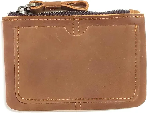 Miniatura 10 de Monedero de cuero genuino para mujeres y hombres, estilo vintage, cuero de grano de vacuno, delgado, minitarjetero con cremallera de metal con asa