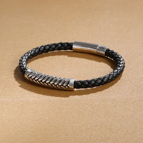 Miniatura 2 de FANCIME Footmark 925 Sterling Silver Herringbone Pattern Genuine Mens Leather Bracelet Braided Rope Spiritual Energy Charm with Push Button Locking
