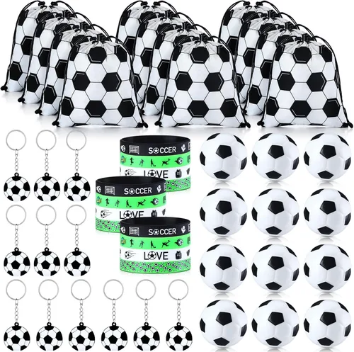 Nuogo 48 piezas de regalos de fútbol para fiestas de fútbol, incluye 12 bolsas de regalo, pulseras, pelotas antiestrés, mini llavero para