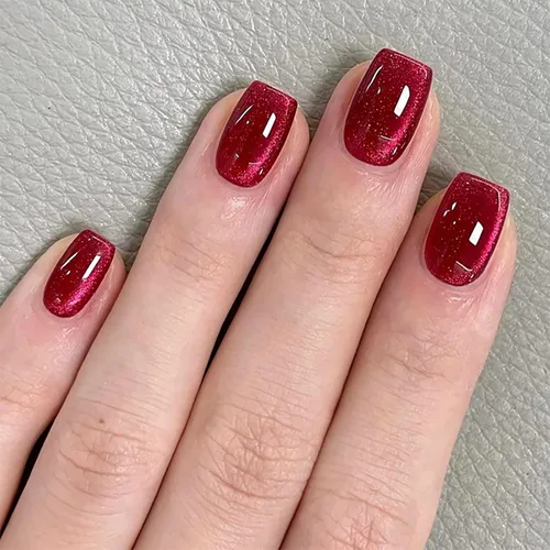 Miniatura 17 de Uñas postizas a presión de Navidad, color rojo vino, uñas postizas cuadradas medianas con diseño degradado, cobertura completa, acrílico brillante