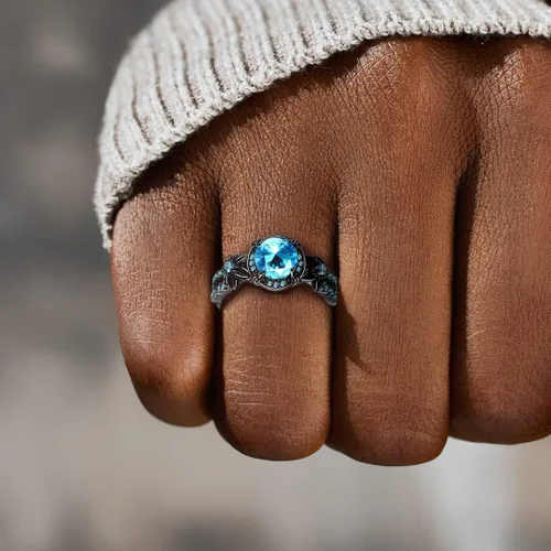 Miniatura 2 de Anillos góticos negros para mujer, topacio arcoíris místico con flor de amatista creada, anillo de compromiso gótico de oro negro, talla 6 a 11