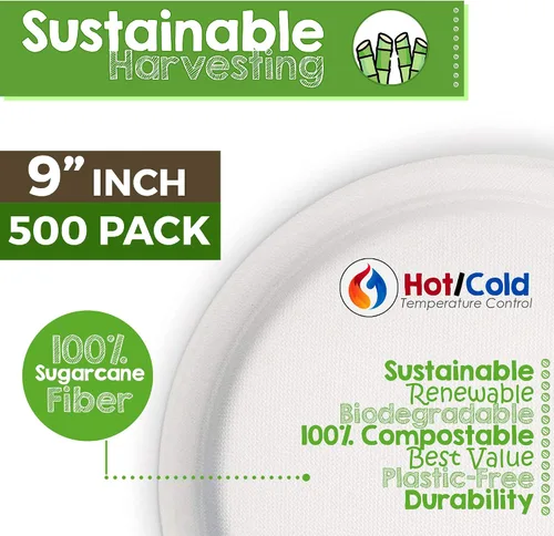 Miniatura 2 de Green Earth, Paquete de 500 platos de papel compostables de 9 pulgadas, fibra de caña de azúcar, desechables, redondos, aptos para microondas