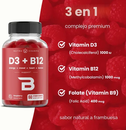 Miniatura 5 de NutraChamps Vitamina D3 y B12, Gomitas de Metil B12 para Adultos y Niños, Enriquecidas con Vitamina D 3 y Folato de Vitamina B9, Energía Natural
