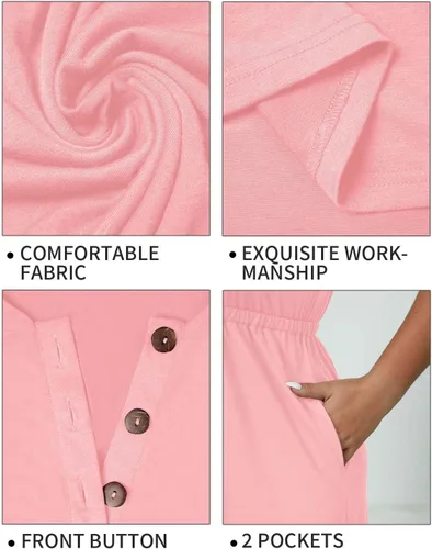 Miniatura 37 de Holipick Vestidos de verano para mujer, talla grande, casual, con bolsillos, acampanado, con botones, sin mangas, cuello en V