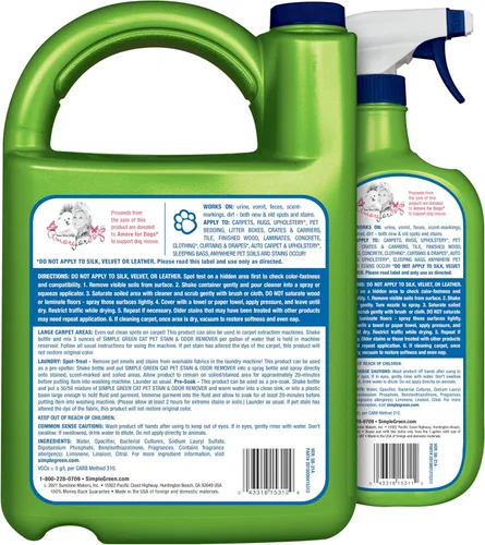 Miniatura 2 de Simple Green Removedor de manchas y olores para gatos, limpiador enzimático para orina, heces, sangre, vómito