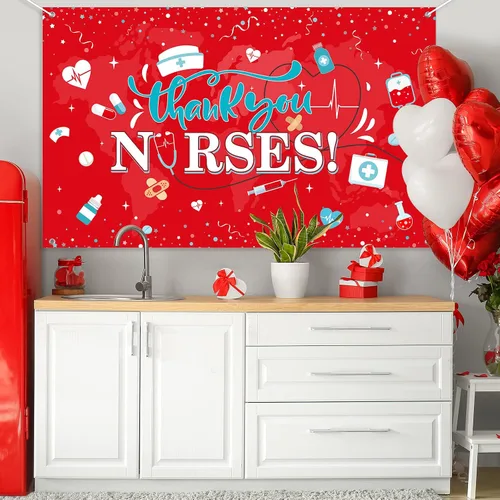 Miniatura 6 de Decoración de telón de fondo con texto en inglés "Thank You Nurs", tela grande 2026, Día Nacional de la Enfermera, fondo de cabina de fotos