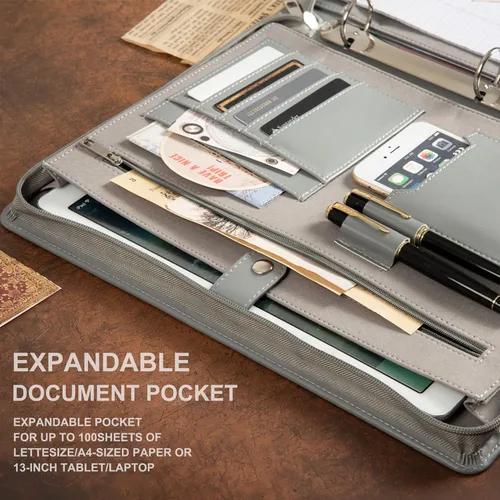 Miniatura 4 de AZXCG Carpeta de cuero con 3 anillos para mujeres y hombres, organizador de carpetas de negocios de cuero vegano con cremallera, soporte para bloc