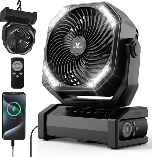 Miniatura 10 de KITWLEMEN - Ventilador de camping con luz - Ventilador recargable de 20,000 mAh con batería, tiempo máximo de funcionamiento de 60 horas, 4