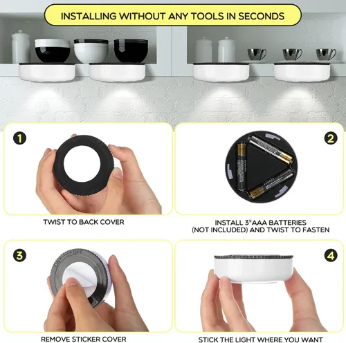 Miniatura 4 de Macarrie Paquete de 12 luces LED inalámbricas de disco, iluminación debajo del gabinete, luz táctil portátil de 70 lúmenes, funciona