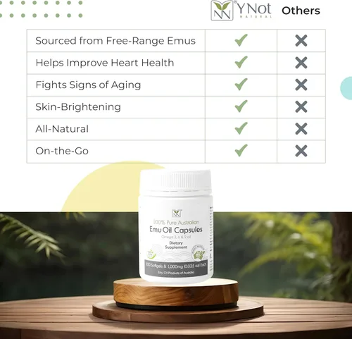 Miniatura 7 de Y-Not Natural - Cápsulas de aceite de emú - Suplemento de apoyo para el corazón, el cabello, el metabolismo y las articulaciones - Aceite de emú
