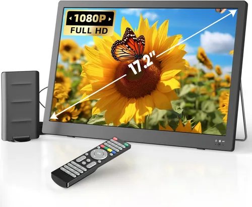 NORTHING Televisor portátil de 17.2 pulgadas con antena, 7000 mAH integrado con entrada USB/HDMI/AV, T V pequeño de 12 V para camping, cocina,