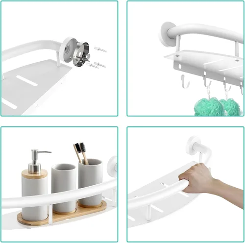 Miniatura 4 de Barra de seguridad blanca de 18 pulgadas con estante de almacenamiento para bañera o ducha, orificios de drenaje, acero inoxidable, barras de agarre