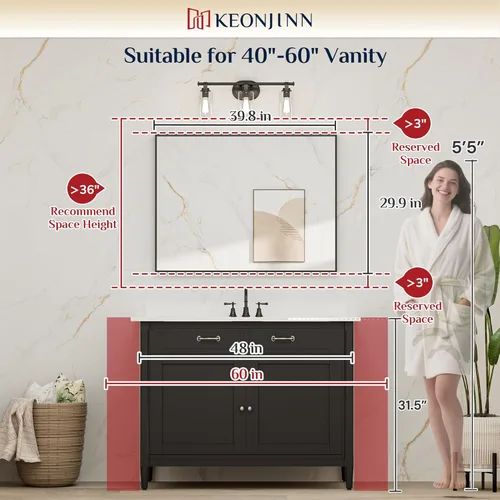 Miniatura 6 de Keonjinn - Espejo rectangular con marco negro para baño de 40 x 30 pulgadas, espejo de pared para sobre el lavabo, espejos de tocador de metal