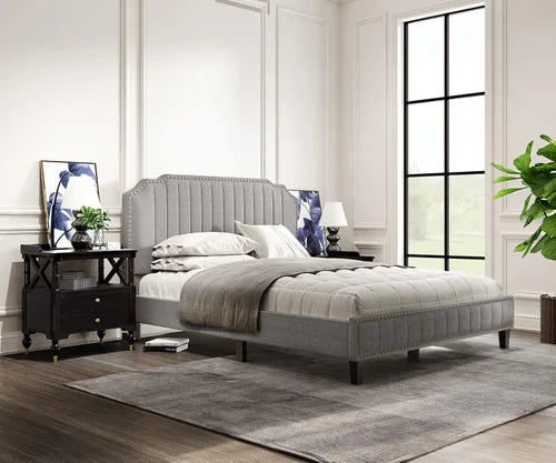 Miniatura 7 de Base de cama tapizada Queen con cabecero, base de colchón con soporte de listones de madera, cama de plataforma moderna, no necesita somier, fácil