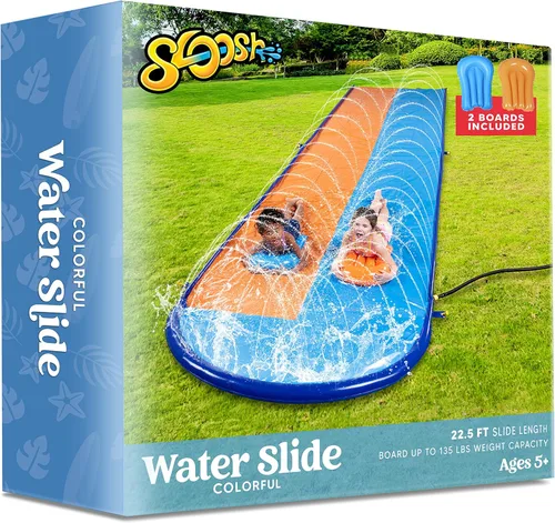 Miniatura 7 de Sloosh Toboganes de agua dobles de 22.5 pies, tobogán de césped resistente con aspersor y 2 tablas inflables, patio trasero, césped, verano, juguete