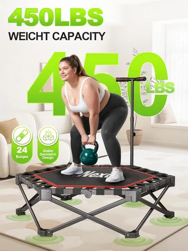 Miniatura 5 de 42" Foldable Mini Trampoline- 450lb Capacity Fitness Rebounder w/3-Level Adjustable T-Bar, Adults Workout Trampoline, Non-Slip Pad Foldable Design