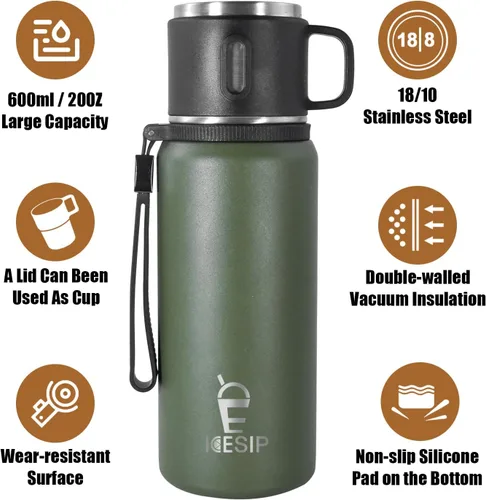 Miniatura 3 de Botella aislada de acero inoxidable, 27 onzas con taza, botella de agua aislada al vacío, termo para bebidas calientes/bebidas frías, viaje con Verde