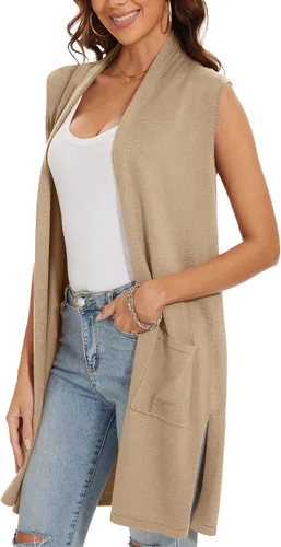 Miniatura 3 de Chaleco de punto largo para mujer, sin mangas, con bolsillos, frente abierto, drapeado, chaleco casual