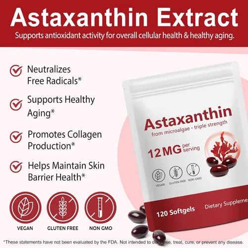 Miniatura 2 de Suplementos de Astaxantina 12 mg - 120 cápsulas blandas Antioxidante natural premium de microalgas Apoyo para la salud de los ojos, la piel