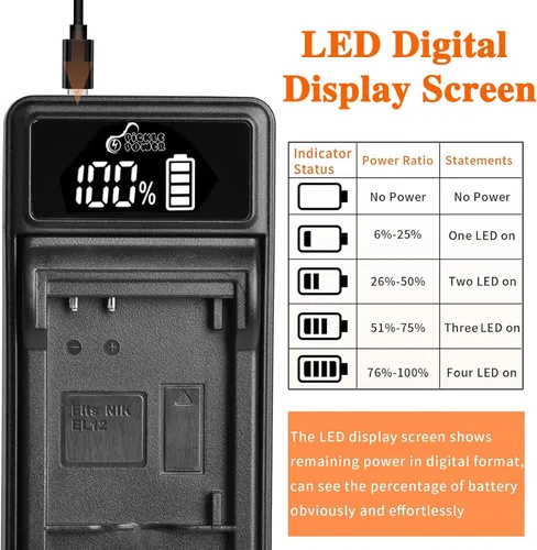 Miniatura 5 de Batería EN-EL12 y cargador LED compatible con Nikon Coolpix A1000 B600 W300 A900 AW100 AW110 AW120 AW130 S6300 S8100 S8200 S9050 S9200 S9300 S9400