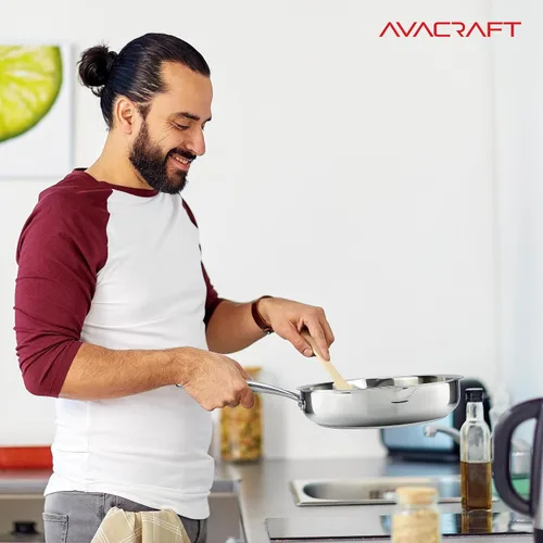 Miniatura 5 de AVACRAFT - Sartén de acero inoxidable 18/10 de 10 pulgadas con tapa, boquillas laterales, inducción, sartén de acero inoxidable versátil