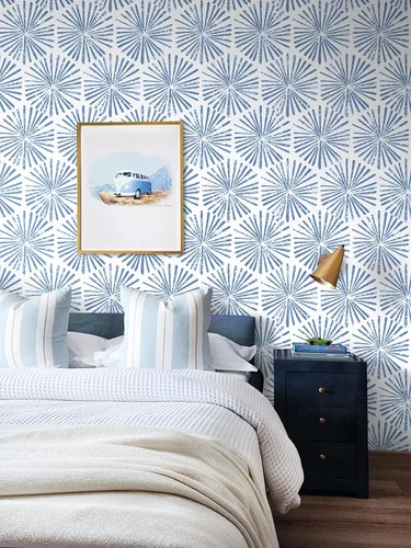 Miniatura 3 de Guvana Papel Tapiz Despegar y Pegar de 17.3''×118'' Papel Tapiz Azul y Blanco Geométrico Moderno Papel de Contacto para Baño Dormitorio Rayado Papel