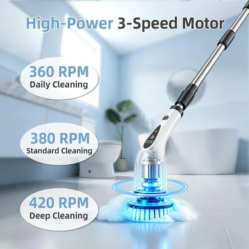 Miniatura 2 de Limpiador eléctrico giratorio, cepillo de limpieza inalámbrico de 3 velocidades con 8 cabezales de cepillo y base, IPX7 impermeable, mango largo