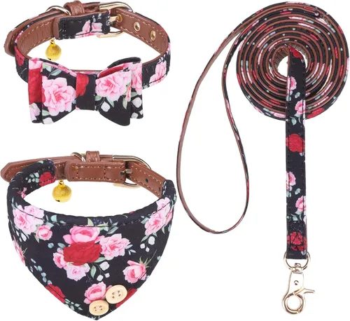 Miniatura 35 de EXPAWLORER Juego de collar y correa para perro - Corbata de moño clásica a cuadros para perro y collar bandana para perro con campana, correa