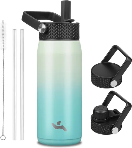 Miniatura 100 de Konokyo - Botella de agua aislada de 18 onzas, botellas deportivas de acero inoxidable con 3 tapas, verde militar