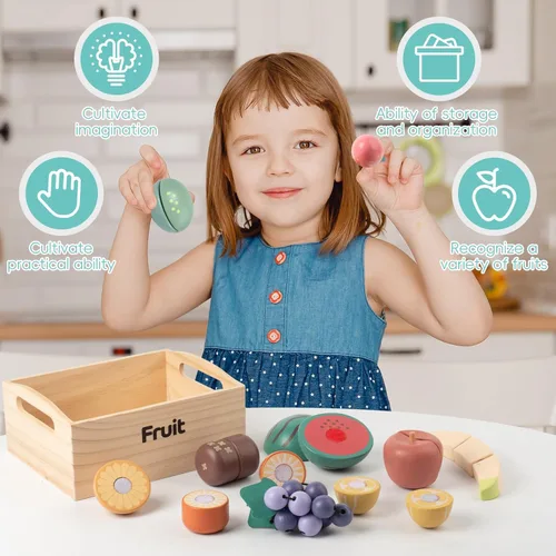 Miniatura 3 de Juego de 10 piezas de alimentos de madera de frutas para cocina de niños, juguetes de frutas de madera para cortar para niños pequeños y niños de 3