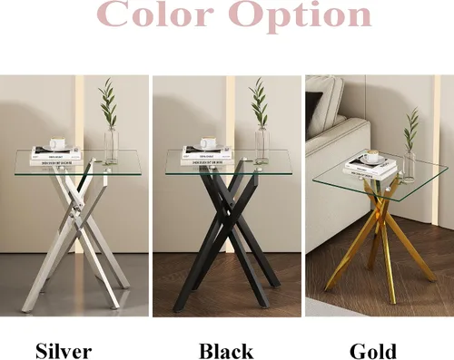 Miniatura 6 de Mesa auxiliar moderna de cristal, mesa auxiliar cuadrada para sofá, mesa auxiliar con parte superior de vidrio templado transparente y patas plateado