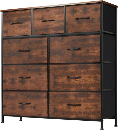 DUMOS Cómoda para dormitorio, organizador de almacenamiento con 9 cajones, cómoda con cubos de tela, marco de metal resistente, mesa de madera para