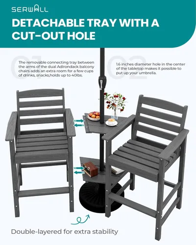 Miniatura 5 de SERWALL Juego de 2 sillas Adirondack altas con mesa de conexión, color gris