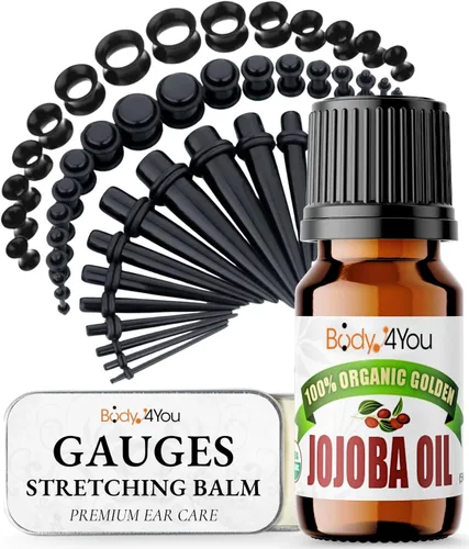 BodyJ4You Kit de estiramiento de orejas de 55 piezas de 14G-0.472 in - Bálsamo para estiramiento de oídos de aceite de jojoba - Tapones acrílicos
