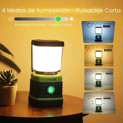 Miniatura 3 de Linterna de camping Consciot LED con alimentación por batería, 1000 lúmenes, 4 modos de luz, linterna portátil para tienda IPX4 resistente al agua