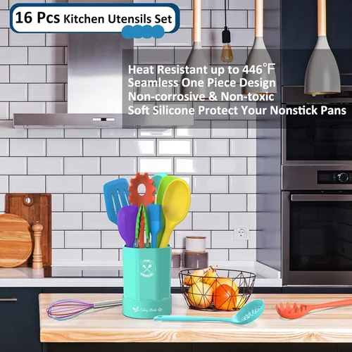 Miniatura 2 de Deedro - Juego de utensilios de cocina de silicona, 16 piezas de utensilios de cocina de silicona, resistentes al calor, con soporte, espátula