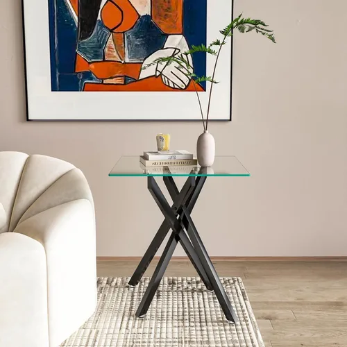 Miniatura 4 de Mesa auxiliar pequeña de vidrio con patas de metal negro, moderna mesa auxiliar cuadrada de vidrio templado transparente con diseño elegante