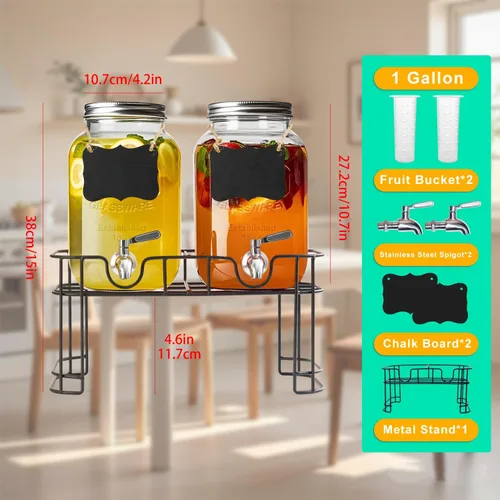 Miniatura 4 de dispensador de bebidas de vidrio de 1 galón con soporte, paquete de 2 dispensadores de vidrio con llave de acero inoxidable, dispensador de agua