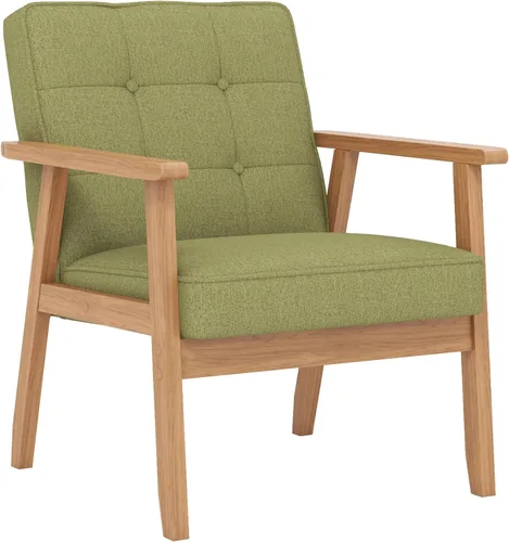 Miniatura 15 de Silla decorativa moderna con reposabrazos, silla de ocio tapizada de tela de lino con botón de respaldo y marco de madera para sala de estar, Beige