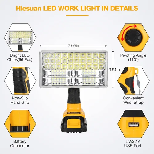 Miniatura 4 de Luz de Trabajo LED para Batería Dewalt 20V, Hiesuan 30W 3300LM Luz de Obra Linterna Foco con Cabezal Pivotante de 110 Grados Aleación de Zinc