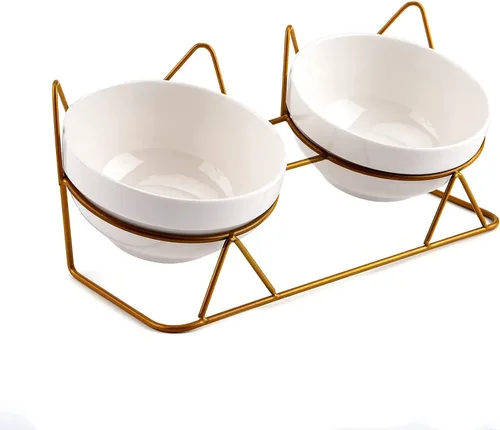 Trosetry Cuencos para gatos, cuencos dobles de cerámica para mascotas con soporte elevado inclinado 15° para alimentos y agua, comedero antivómito