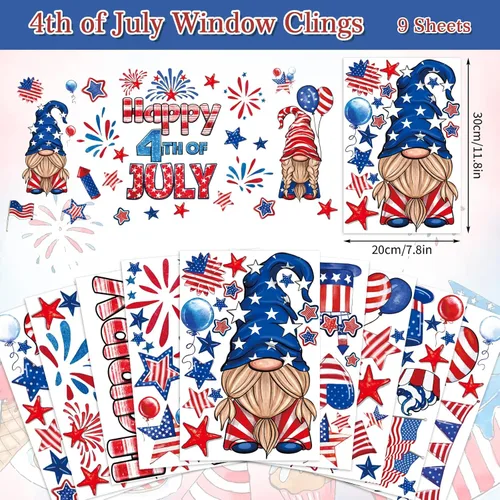 Miniatura 5 de Whaline 9 hojas de calcomanías patrióticas para ventana del 4 de julio, calcomanías patrióticas para ventana, acuarela, gnomo, camión, bandera