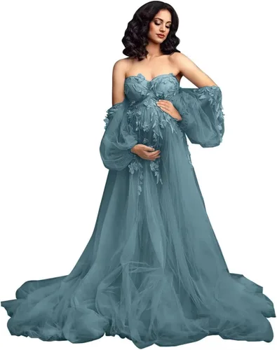 Vestidos de maternidad de manga larga con hombros descubiertos para sesión de fotos de tul con apliques de encaje, vestido de embarazo, vestido de