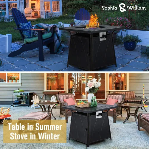 Miniatura 2 de Sophia & William Mesa para fogata de gas de 28 pulgadas, 50,000 BTU cuadrada para exteriores, fogatas de propano 2 en 1, chimenea de patio